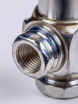 Close-up of a metallic mechanical component showcasing threaded connection and precise machining details, emphasizing industrial fabrication and engineering craftsmanship photo