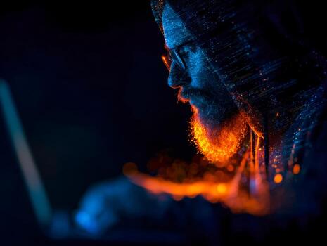 Focused hacker with digital data visualization effects in a dark setting photo