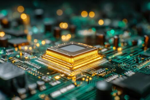 Close-up of a modern computer processor on a circuit board with glowing gold accents and blurred background elements photo
