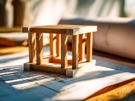 Wooden architectural model on blueprint plans with sunlight highlighting craftsmanship photo