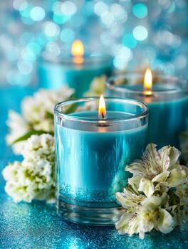 Tranquil blue candles surrounded by delicate flowers and shimmering bokeh background photo