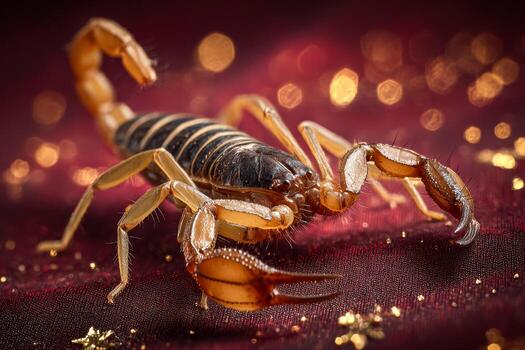 Close-up of a scorpion resting on a shimmering red surface with golden bokeh background photo