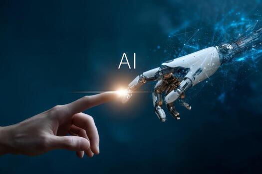 humano mano conmovedor un robótico mano representando artificial inteligencia y tecnología foto