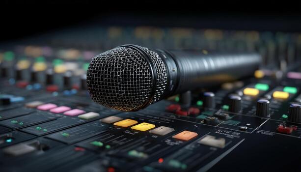 Professional microphone placed on audio mixing console with colorful control buttons and sliders photo