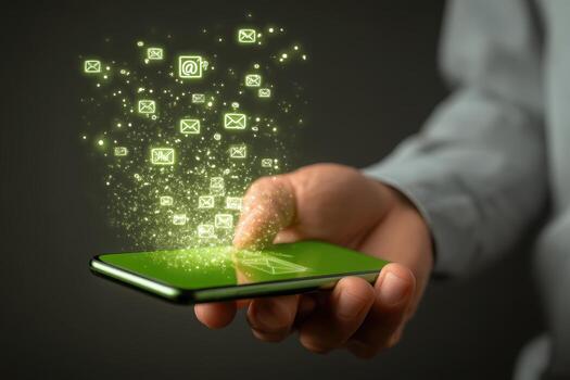 Hands holding a smartphone with digital email icons floating above photo