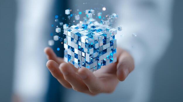 Hands holding a digital 3d cube display with thumbnails of binary code and modern technology elements photo