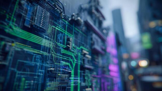 Close-up of a futuristic computer circuit board with digital green and blue lines in a high-tech environment photo