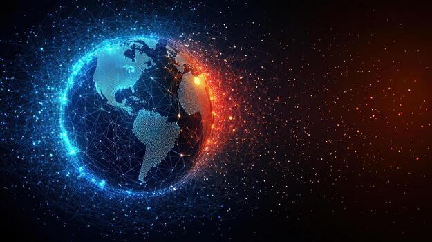 Digital globe with interconnected network lines representing global technology and data exchange photo