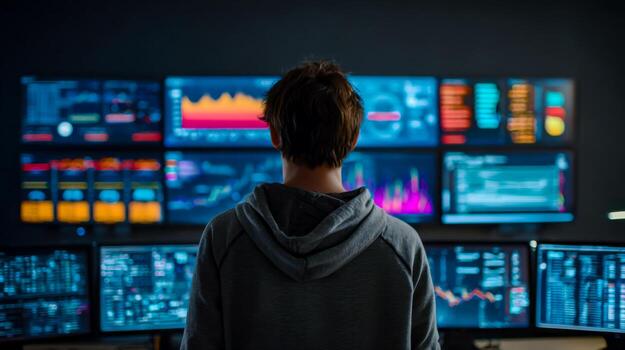 Person analyzing data on multiple digital screens in a high-tech control room photo