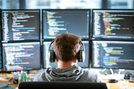 Programmer analyzing multiple code screens on computer monitors photo