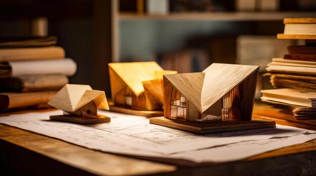 Modern architectural models displayed on blueprints in a creative studio setting photo