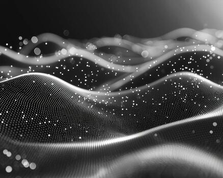 Abstract digital wave with flowing lines and particles in monochrome style photo