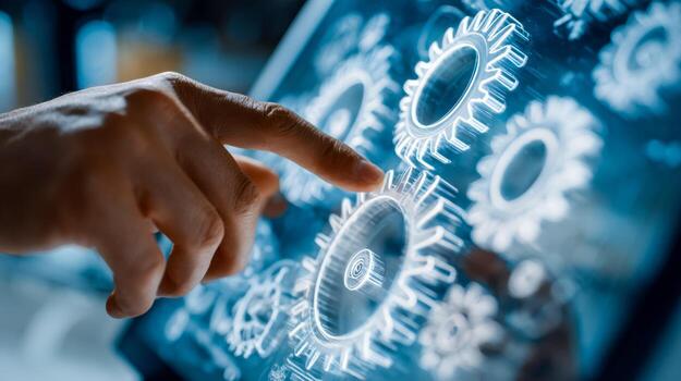 Interactive digital interface with interconnected gears and human touch in a high-tech environment photo