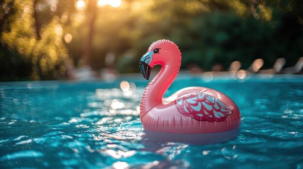 Pink flamingo pool float in a sunny backyard swimming pool photo