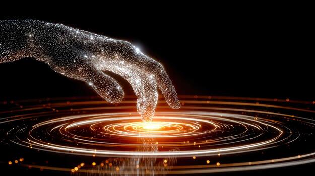 Digital hand creating ripples of light and energy in a futuristic display photo