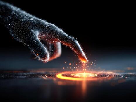 Digital hand interacting with a glowing, futuristic surface with dynamic spark effects photo