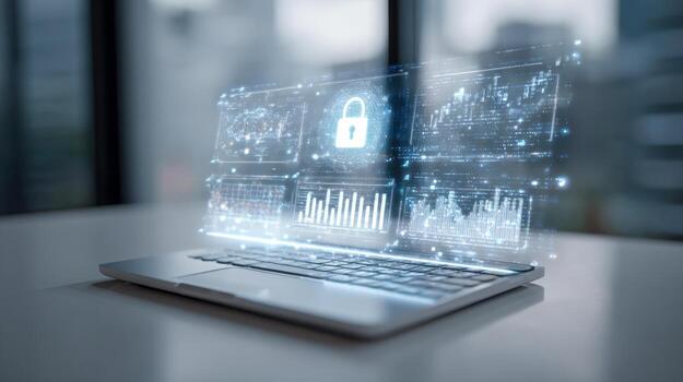 Futuristic digital security interface displaying data analytics and a secure lock symbol on a modern laptop in a high-tech workspace photo