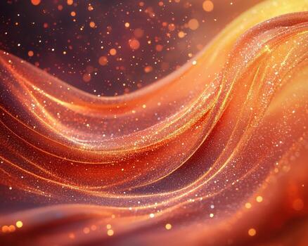 Abstract shimmering orange and gold flowing waves with sparkling particles and glowing light effects. photo