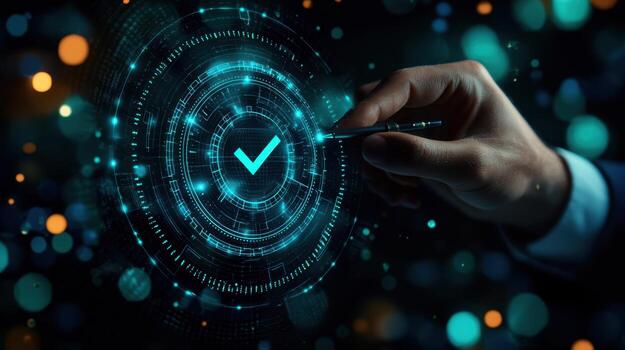 Digital security confirmation with futuristic checkmark interface photo