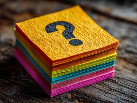 Colorful stack of questioning notes with a large question mark symbol photo