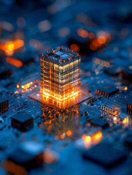 Futuristic digital architecture showcasing a glowing high-tech server or data cube on a circuit board at night photo