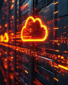Digital cloud storage concept with glowing data cloud icon on server rack photo
