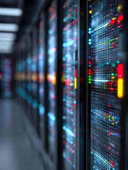 Modern data center with server racks illuminated by colorful led lights photo