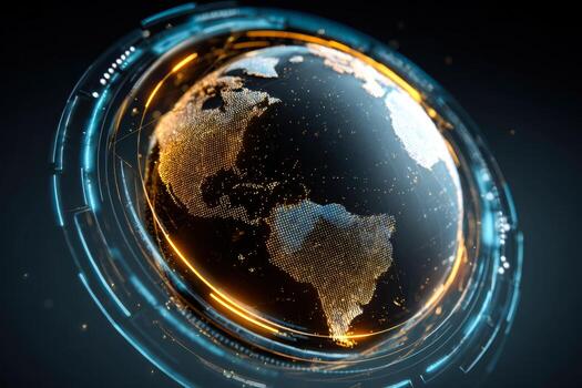 Futuristic digital globe with illuminated continents and surrounding data rings, representing global connectivity and technology photo