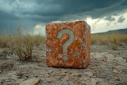 Weathered brick with a question mark in a barren landscape under stormy sky photo