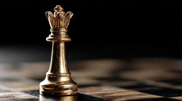 Close-up of a gold-colored chess king piece on a chessboard against a dark background photo