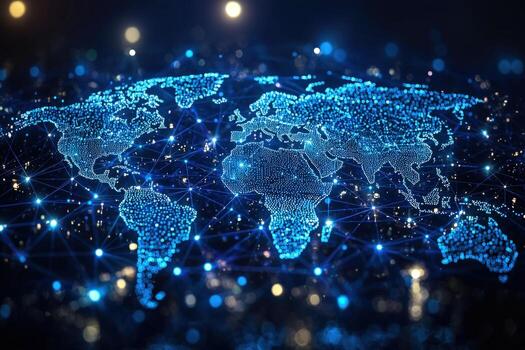 Digital world map with glowing interconnected data points and network lines photo