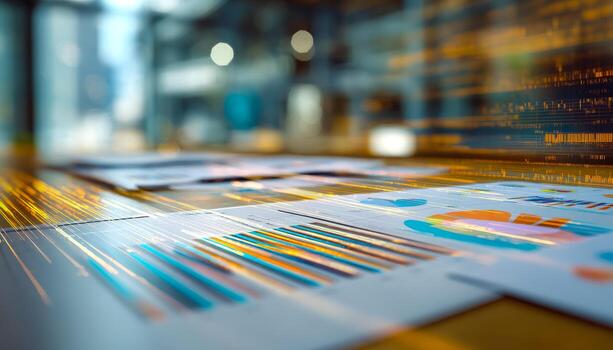 Close-up of printed data charts and financial reports on a table in a modern office setting photo