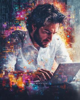 A focused man working on a tablet with digital data overlays in a tech-inspired background photo