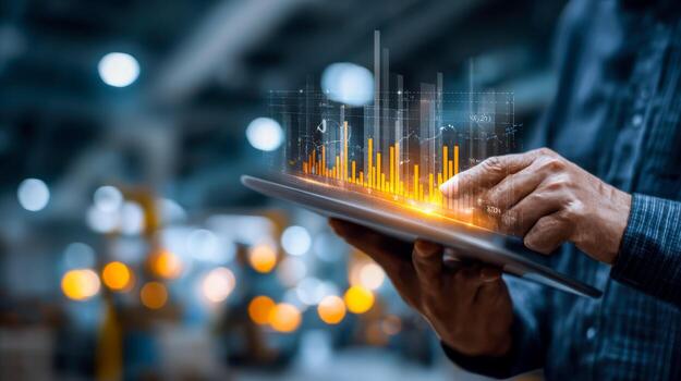 interactivo datos análisis en un tableta con gráfico visualización en un moderno espacio de trabajo foto