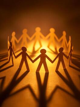 Interconnected paper figure chain illuminated with warm light creating shadows photo