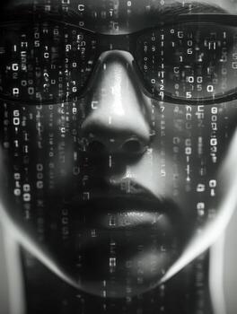 humano cara con digital código cubrir simbolizando la seguridad cibernética y tecnología integración foto