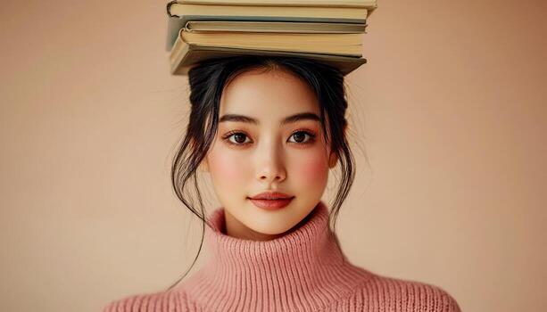 Young woman with books balancing on her head, wearing a pink turtleneck sweater photo