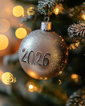 Silver glitter Christmas ornament with the year 2026 hanging on a decorated tree with warm bokeh lights photo