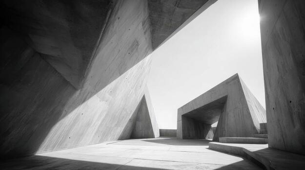 Modern concrete architectural structures with sharp angles and dramatic lighting in black and white photo
