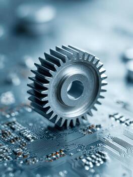 Close-up of a metallic gear wheel resting on a detailed circuit board, symbolizing the integration of mechanical and electronic engineering in modern technology photo