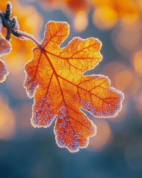 Close-up of frost-covered autumn leaf with vibrant orange and yellow hues and a blurred background photo