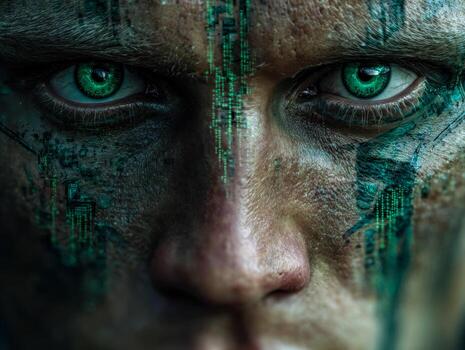 Close-up of a person's face with digital code overlay, emphasizing themes of technology and humanity photo