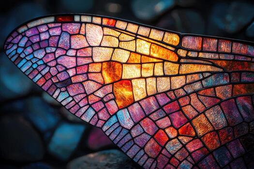 Close-up of colorful stained glass butterfly wing with illuminated intricate patterns photo
