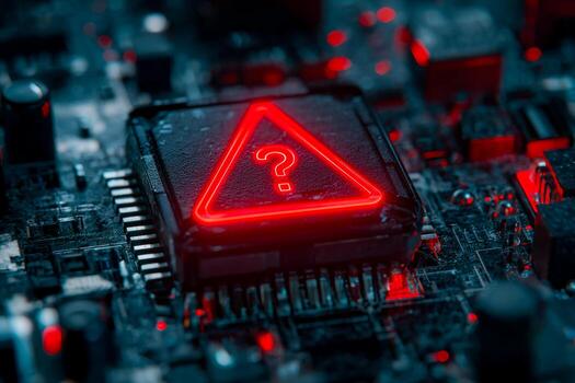 Illuminated warning symbol with question mark on a computer chip in a dark electronic circuit. photo