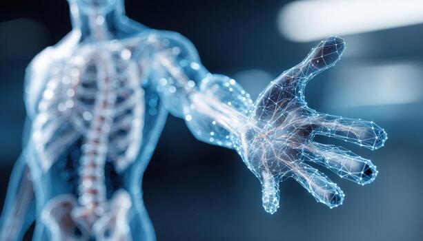 Futuristic digital human hand reaching out with transparent skeletal anatomy and glowing network connections photo