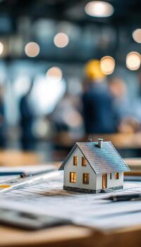 Miniature house model on architectural plans in a modern workspace photo