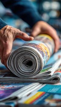 Person flipping through a colorful magazine with a close-up of the pages photo