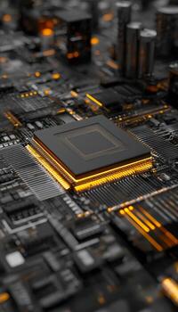 Close-up of a computer processor on a circuit board with glowing orange accents photo