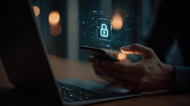 Person using a smartphone with digital lock security icon and a laptop in a dark environment photo