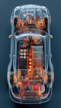 Transparent electric vehicle showing internal battery and system components in futuristic design photo
